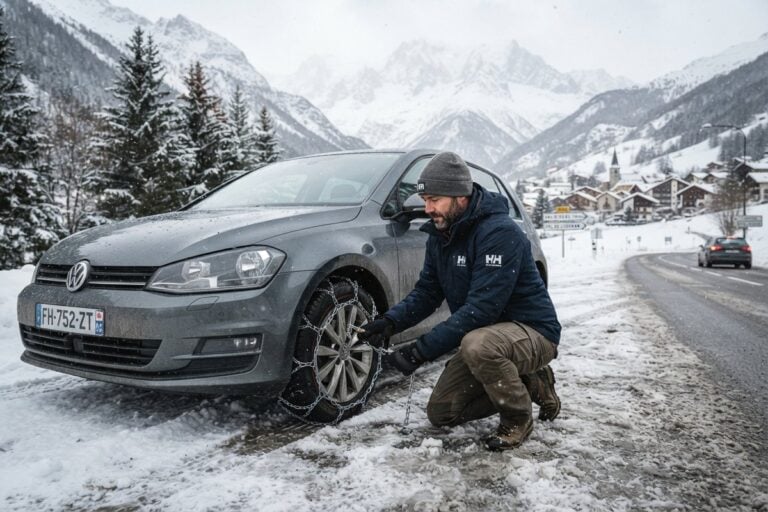 Homme accroupi posant une chaîne à neige sur la roue avant d'une voiture grise, au bord d'une route de montagne enneigée