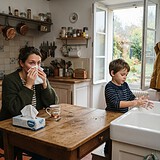 Une mère se mouche à la table de la cuisine pendant que son fils se lave les mains à l'évier, fenêtre ouverte