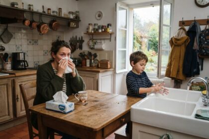 Une mère se mouche à la table de la cuisine pendant que son fils se lave les mains à l'évier, fenêtre ouverte