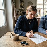 Une jeune femme signe une feuille manuscrite sur une table de cuisine, près de son père, d'un café et de clés de voiture