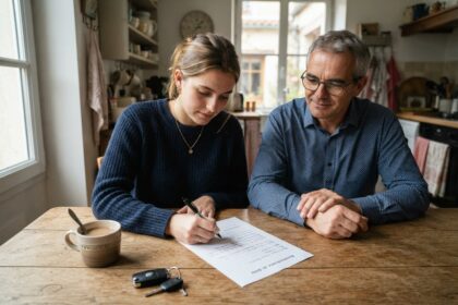 Une jeune femme signe une feuille manuscrite sur une table de cuisine, près de son père, d'un café et de clés de voiture