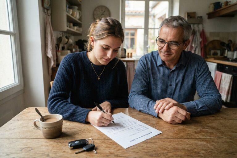 Une jeune femme signe une feuille manuscrite sur une table de cuisine, près de son père, d'un café et de clés de voiture