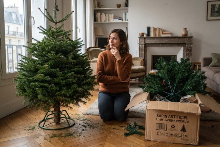 Femme agenouillée entre un sapin naturel sur son pied et un sapin artificiel encore dans son carton, dans un salon