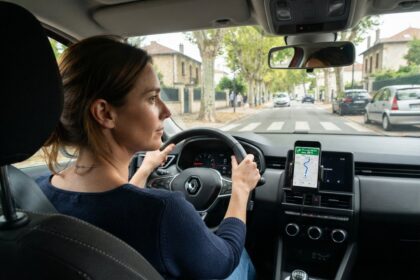 Conductrice les deux mains sur le volant, smartphone fixé sur la grille d'aération affichant un itinéraire GPS