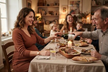 Femme enceinte souriante à un repas de famille, la main tendue vers une bouteille de vin rouge qu'un homme lui propose