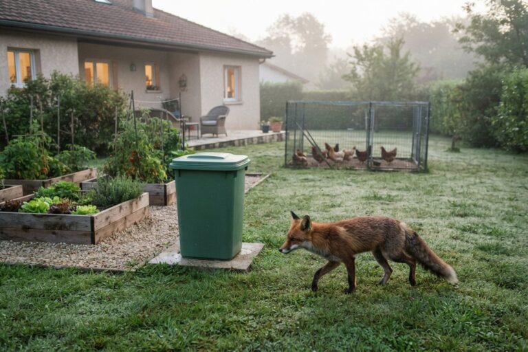 Renard roux traversant une pelouse humide près d'une poubelle verte, de bacs potagers et d'un enclos à poules